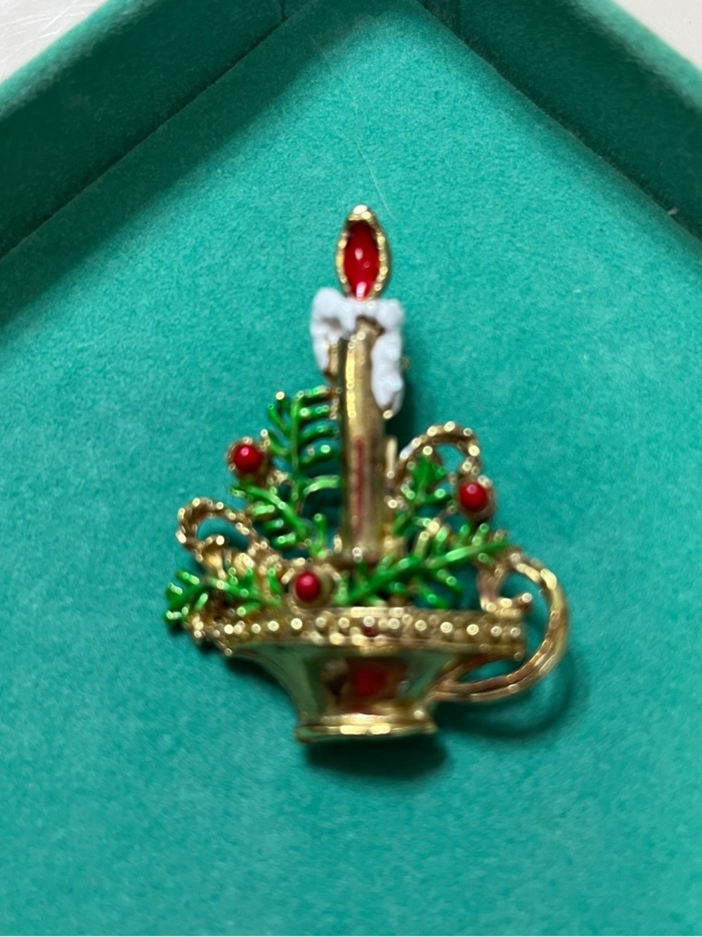 Gold-Tone Holiday Candle Basket Brooch with Red and Green Accents